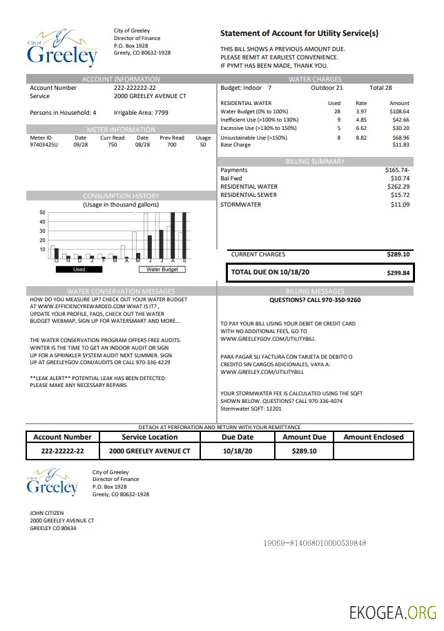 USA Colorado City of Greeley water utility bill template in Word and PDF format
